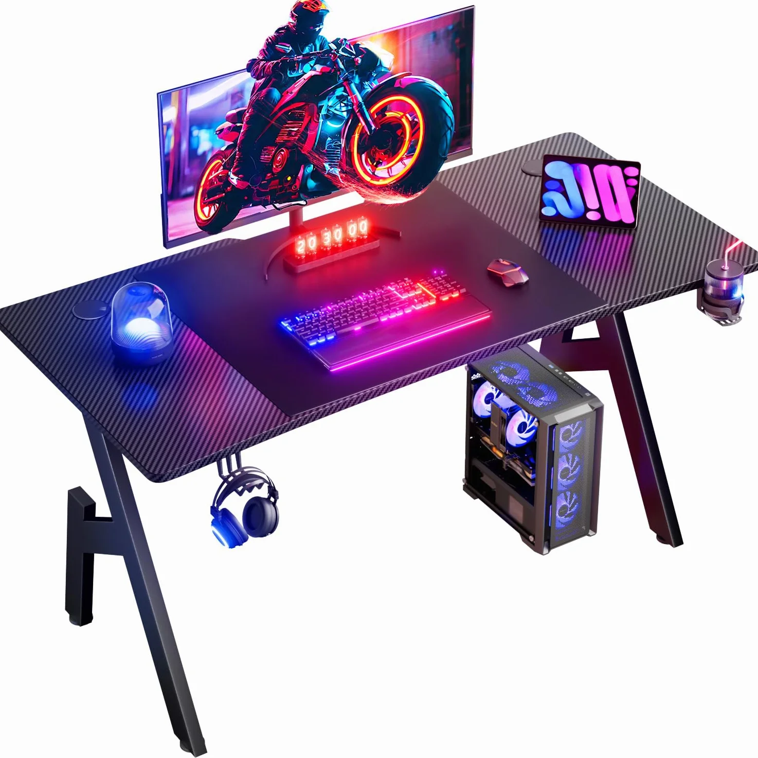 HLFURNIEU Scrivania Gaming Ergonomica, 120 x 60 cm Tavolo da Computer, Scrivania Gamer con Porta Bicchiere e Gancio per Cuffie, Piano del Tavolo in Fibra di Carbonio Impermeabile, Nero