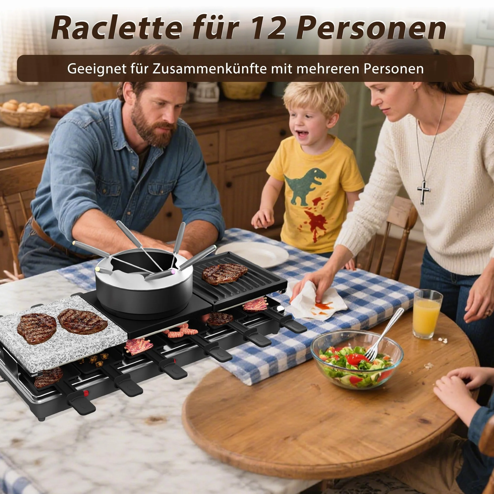 UISEBRT Raclette Grill per 12 persone, macchina da raclette 3 in 1 con padella, set per fonduta, pietra calda, 12 padelle e 12 spatole per legno, piastra per raclette antiaderente, 1650 W