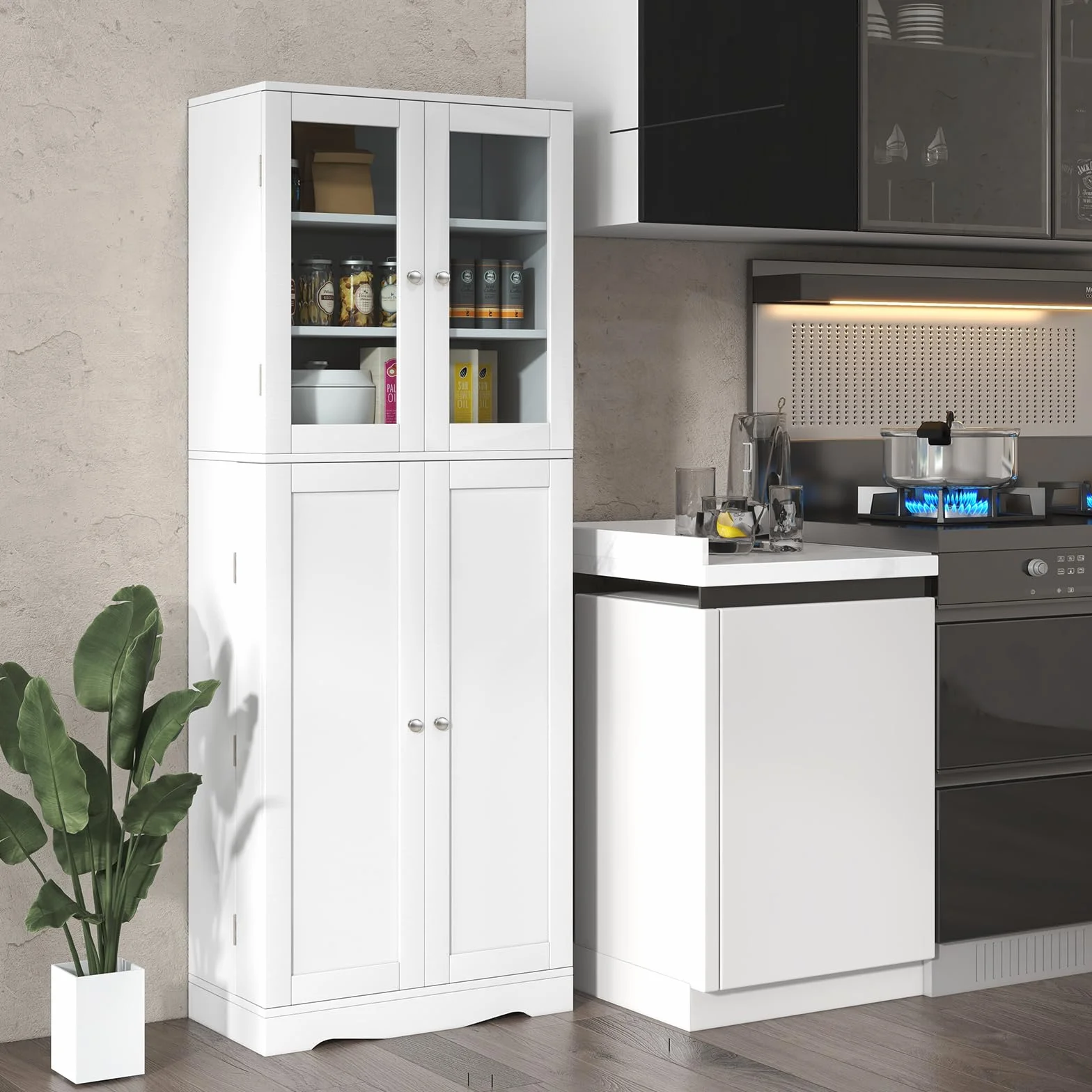 KOMFOTTEU Credenza da Cucina con Anta Multi-Stoccaggio, Mobile Cucina Dispensa con Dispositivo Antiribaltamento, Armadio di Stoccaggio, 60 x 31,5 x 161,5 cm, per Soggiorno, Sala da Pranzo (Bianco)