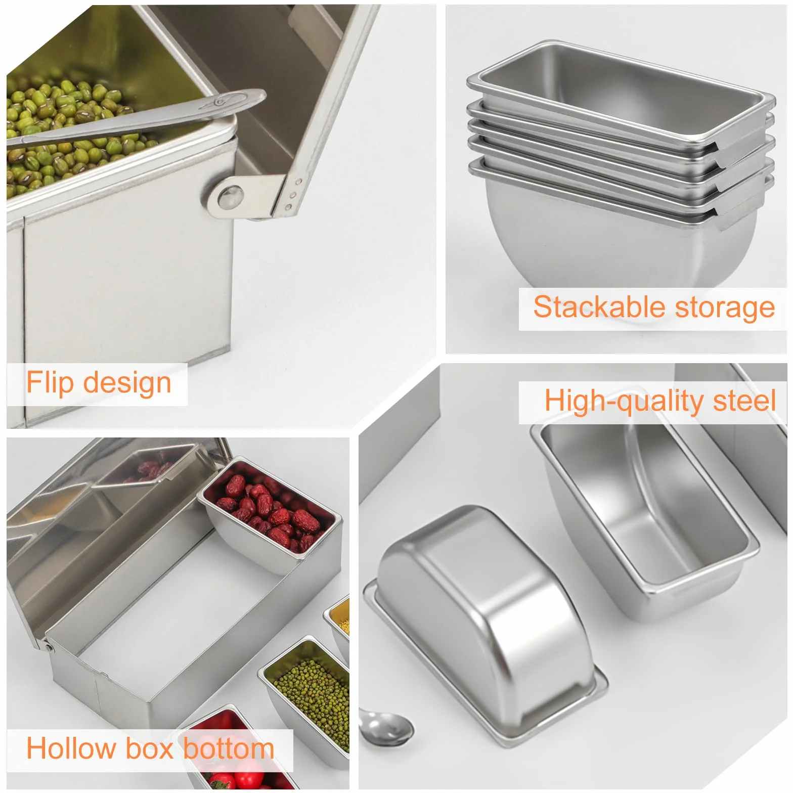 Contenitore per ingredienti in acciaio inox, 4 scomparti, 450 ml, con coperchio, 30 x 14 x 8 cm, per cocktail, spezie, barbecue, porta pizza, frutta, contenitore per alimenti per gastro cucina bar