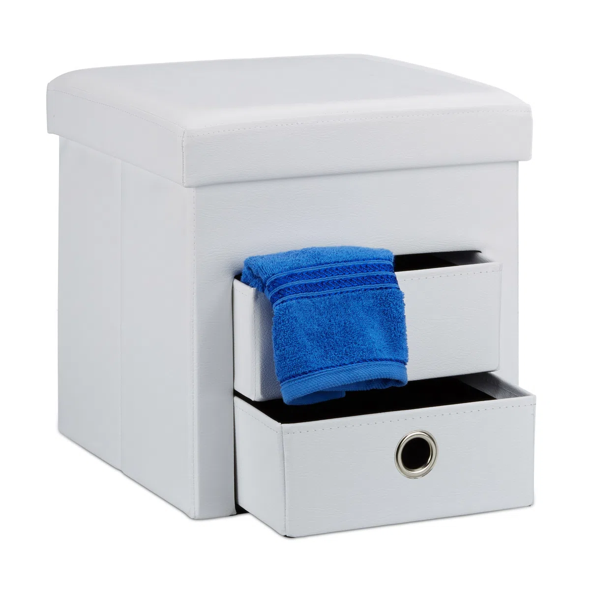 Relaxdays Pouf Contenitore Pieghevole, Scomparto Interno, 2 Cassetti Rimovibili, Cubo, finta pelle, Bianco, H X L X P: 38 x 38 x 38 cm