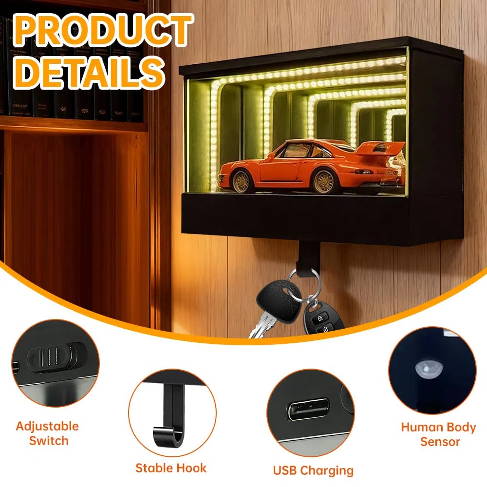 Infinity Garage Portachiavi con funzione di ricarica USB, con luce LED, portachiavi con sensore di movimento, display chiave auto, regalo decorativo per gli amanti delle auto
