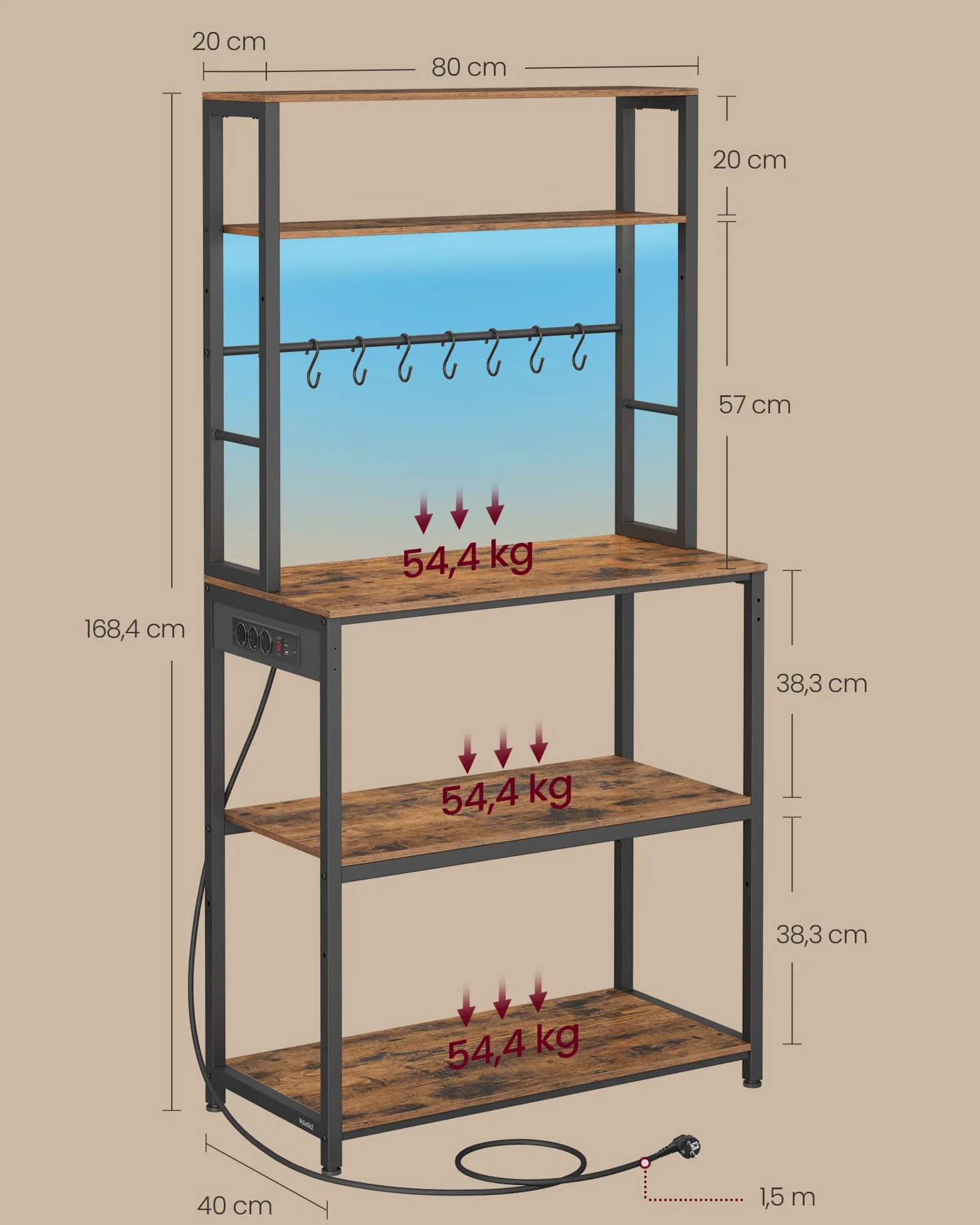 VASAGLE Scaffale da Cucina con LED, Scaffale per Microonde con Multipresa, Ripiani Regolabili, 8 Ganci, 40 x 80 x 168,4 cm, Marrone Vintage e Nero Opaco KKS050KD01