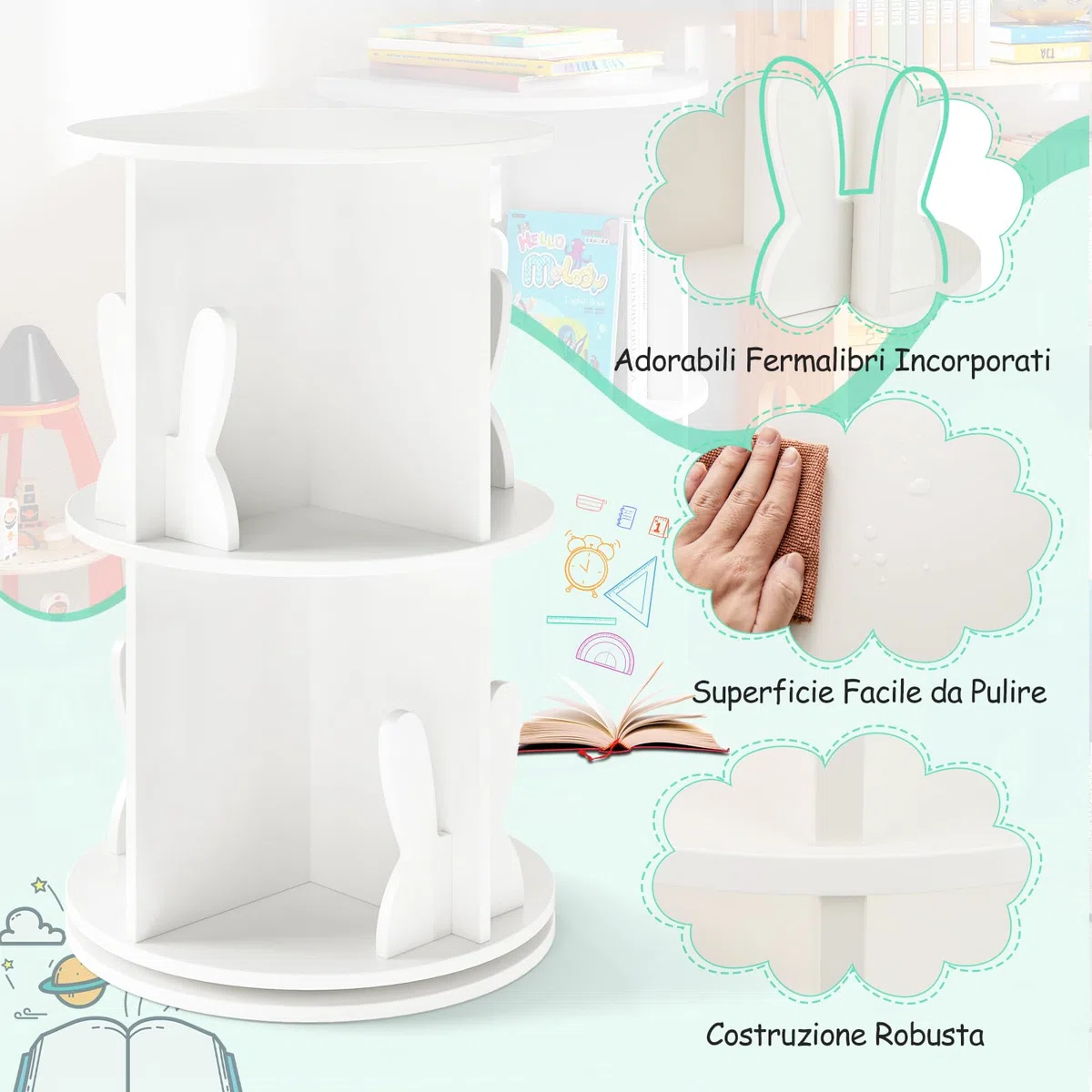 RELAX4LIFE Libreria Scaffale Girevole per Bambini, Porta Libri Rotante a 2 Livelli, Libreria in Legno per Soggiorno, Camera da Letto e Studio, 40 x 40 x 65 cm (Coniglio, Bianco)
