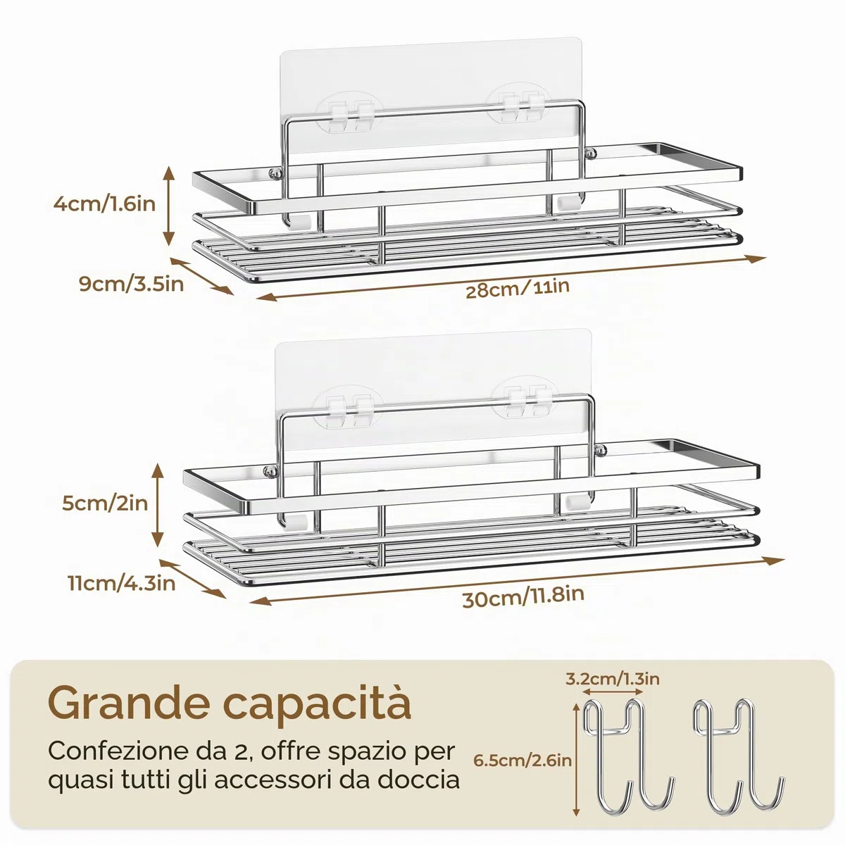 Pickpiff Mensola per doccia senza foratura SUS304 in acciaio inox, 2 pezzi, mensola doccia con 2 ganci, organizer bagno, supporto per shampoo per doccia autoadesivo