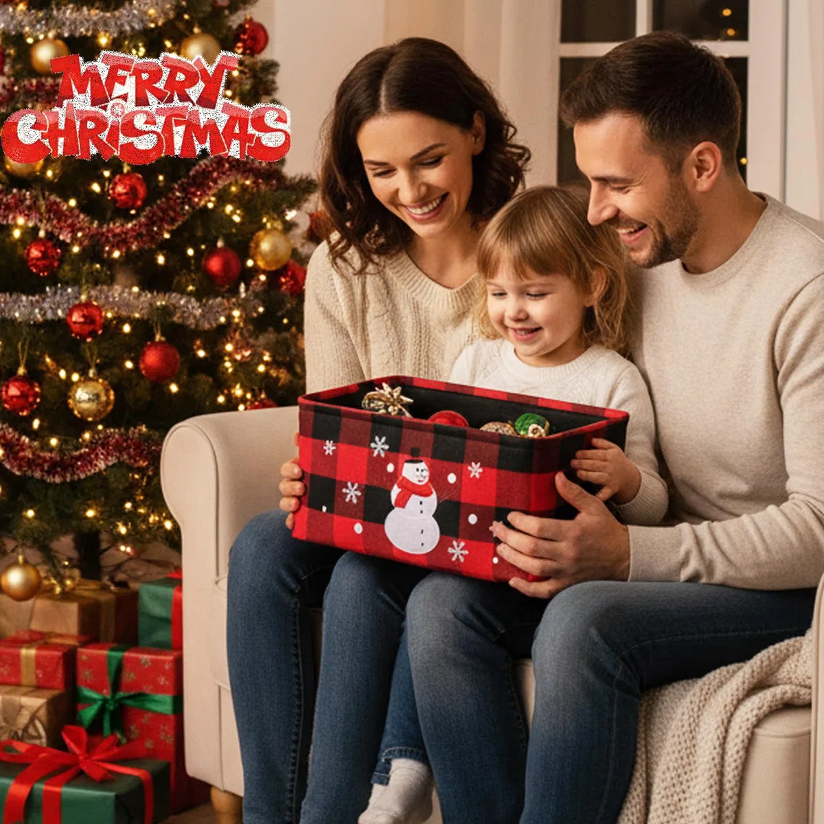 Cesto Portaoggetti Natalizio, Cestos di Natale Grande Scatola di Stoccaggio con Motivo Scozzese Classico, Pieghevole cose di Natale per la Casa Cestino con manico, Stile Rustico Organizer Cesta Regalo