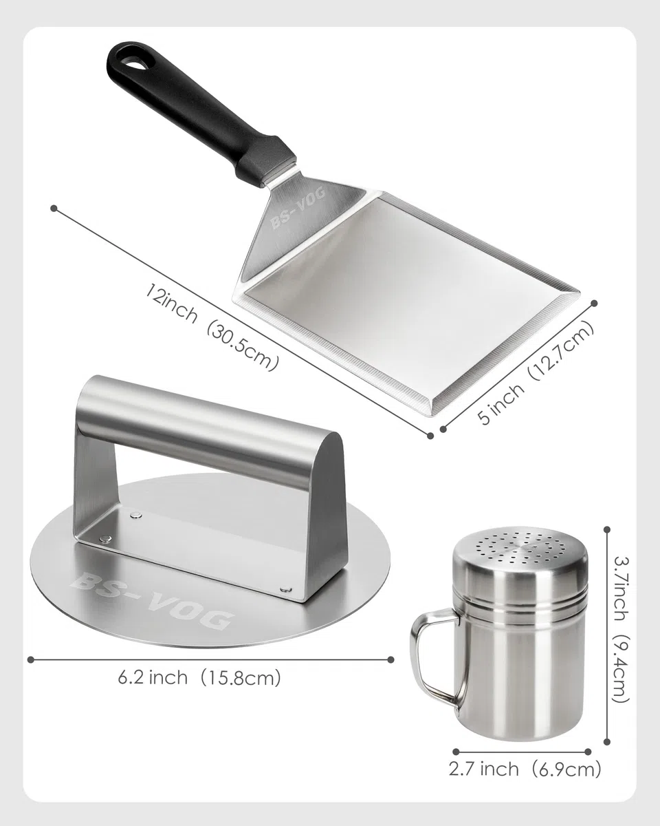 BS-VOG Kit Smashed Burger con Smashed Burger Press 6,2", Spatola & Spargipolvere – Set di Accessori da Cucina in Acciaio Inox per Carne, Pancetta & Pressa per Hamburger