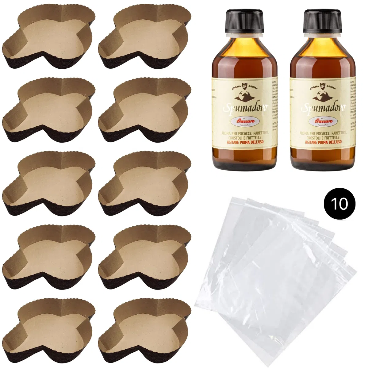 Kit Stampo per Colomba (10pz - 500gr) + Aroma per Colombe Fraccaro (2pz - 100 ml) + Sacchetto (10 pz), Stampi di Carta di Pura Cellulosa ideale per l’uso in Forno, resistente al calore 200°C
