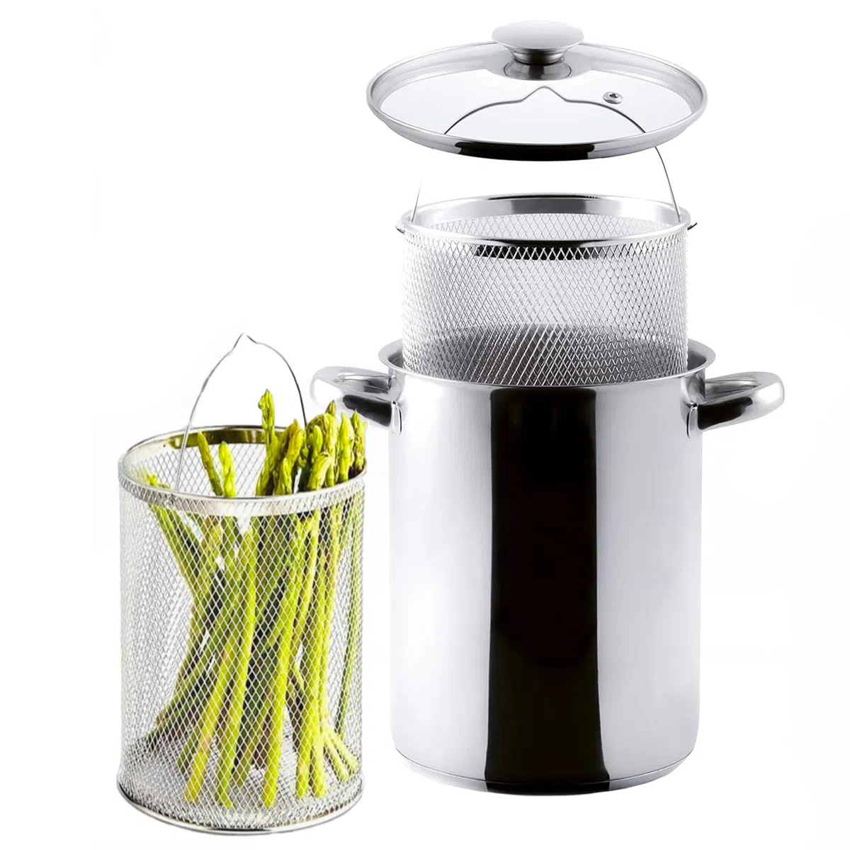 Avilia Asparagera in Acciaio Inox - Pentola per Asparagi e Verdure con Cestello Retato Estraibile, Fondo Triplo per Miglior Distribuzione del Calore, 16 cm