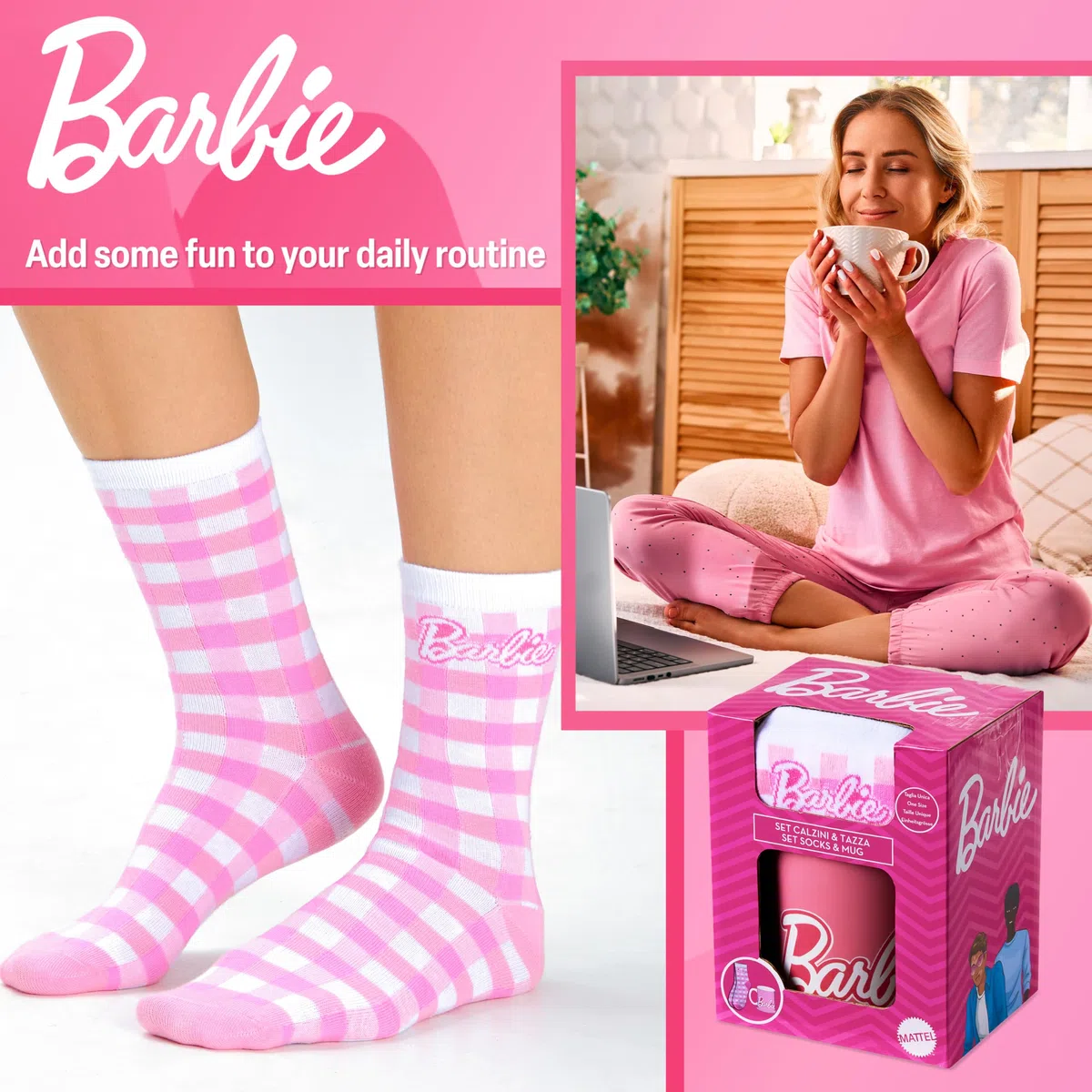 Barbie Set regalo tazza e polpaccio, per donne e ragazze, carino, tazza ceramica 312 ml, calzini morbidi per fidanzata o moglie, regali compleanno