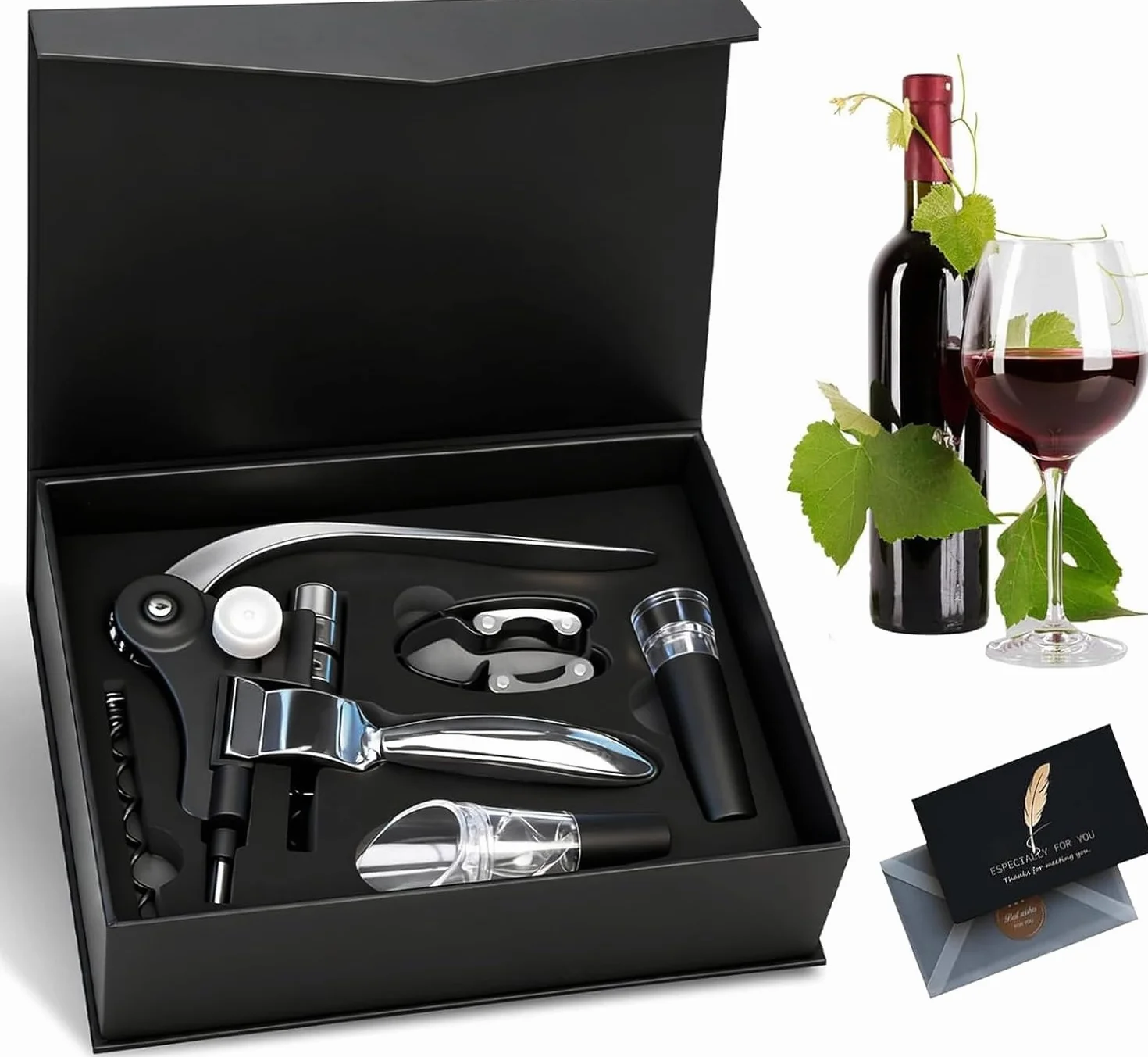 Cavatappi,Set Apribottiglie,Set 5 Accessori per Vino da Sommelier,Apribottiglie Manuale,Scatola di Accessori per Il Vino Set Regalo,Set di cavatappi per gli amanti del vino
