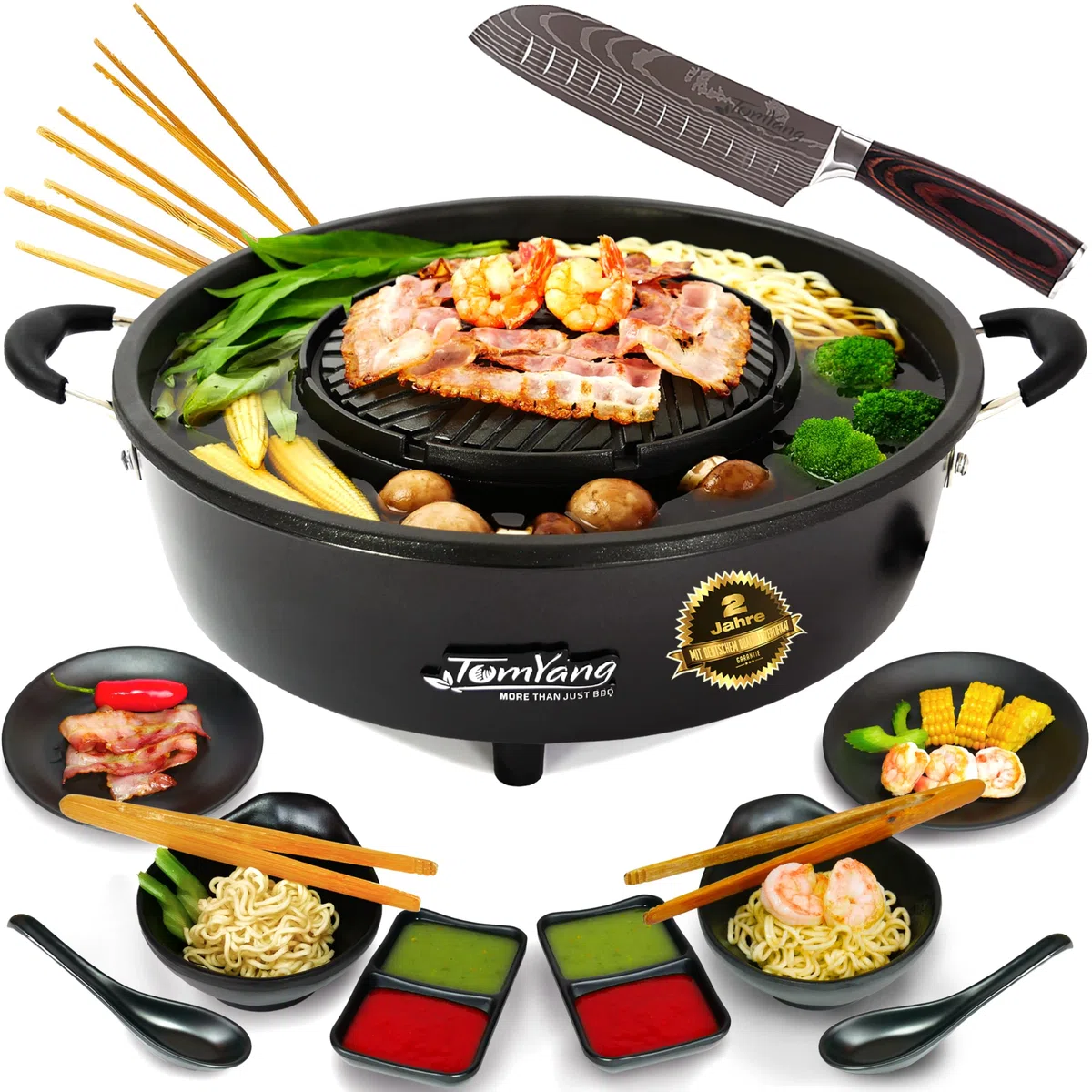 TomYang Hot Pot Premium – con Accessori Premium e Coltello Santoku. L’Originale Thai Grill e Hot Pot, Rivestimento Antiaderente Svizzero. Korean BBQ Grill, Hotpot, Pentola Mookata
