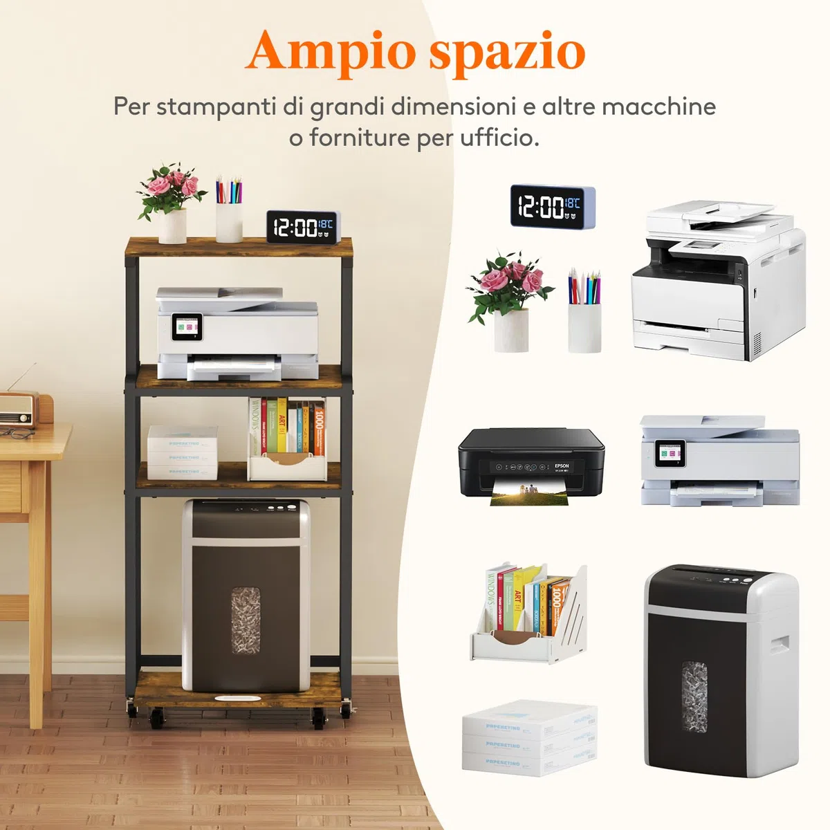 Lifewit Carrello per Stampante 4 Livelli con Ruote e Ripiano Regolabile, Supporto per Stampante per Ufficio Domestico, Carrello per Distruggi Documenti, Scanner, Marrone Rustico, 53x40x112cm