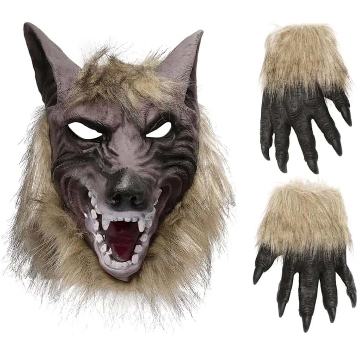 Wolf Head Mask Maschera da Lupo e Guanti da Artiglio Full Face Werewolf Maschera Halloween Horror Festume
