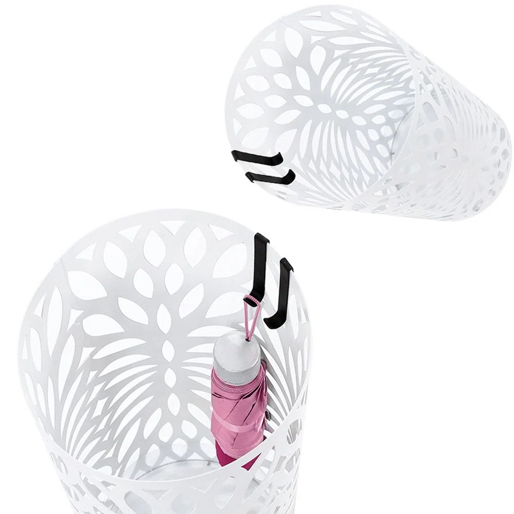 Bakaji Portaombrelli Stand in Ferro Design Colore Bianco Vaschetta Salvagoccia e Ganci Dimensioni 49 x 19,5 cm