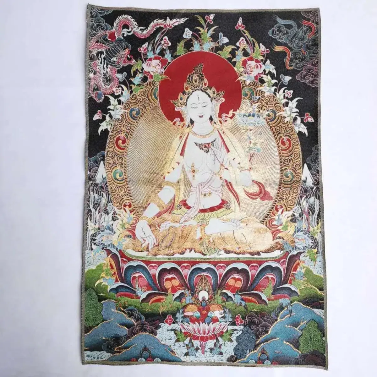 FENNYYAR Tela tibetana tibetana in seta bianca Tara, 90 cm, decorazione murale Guanyin Kwan-yin Tangka Thangka