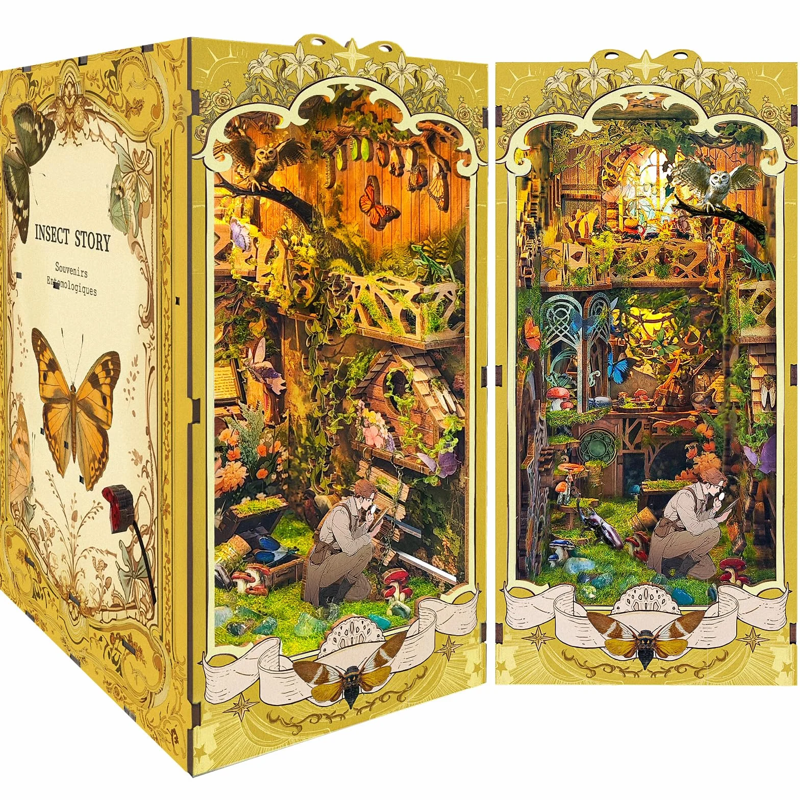 Ulikey DIY Book Nook, Fermalibri in Legno Book Nook 3D Kit per Casa Delle Bambole, Kit di Decorazione Della Libreria Con Luce LED e Istruzioni per Decorazioni e Regali Creativi