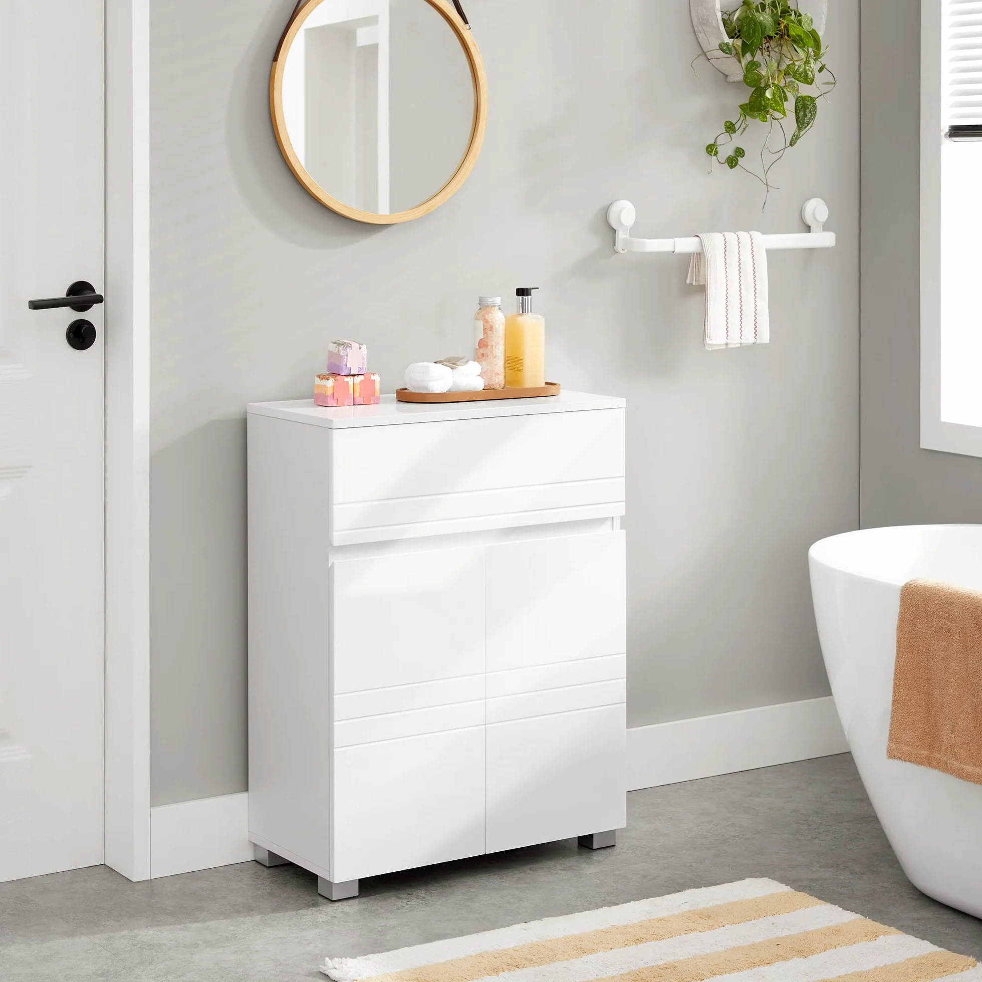 VASAGLE Armadietto da Bagno, Mobile da Bagno con Cassetto e Doppia Anta, Ripiano Regolabile, Mobiletto Multiuso per Corridoio Ingresso, 60 x 30 x 80 cm, Bianco BBK140W01