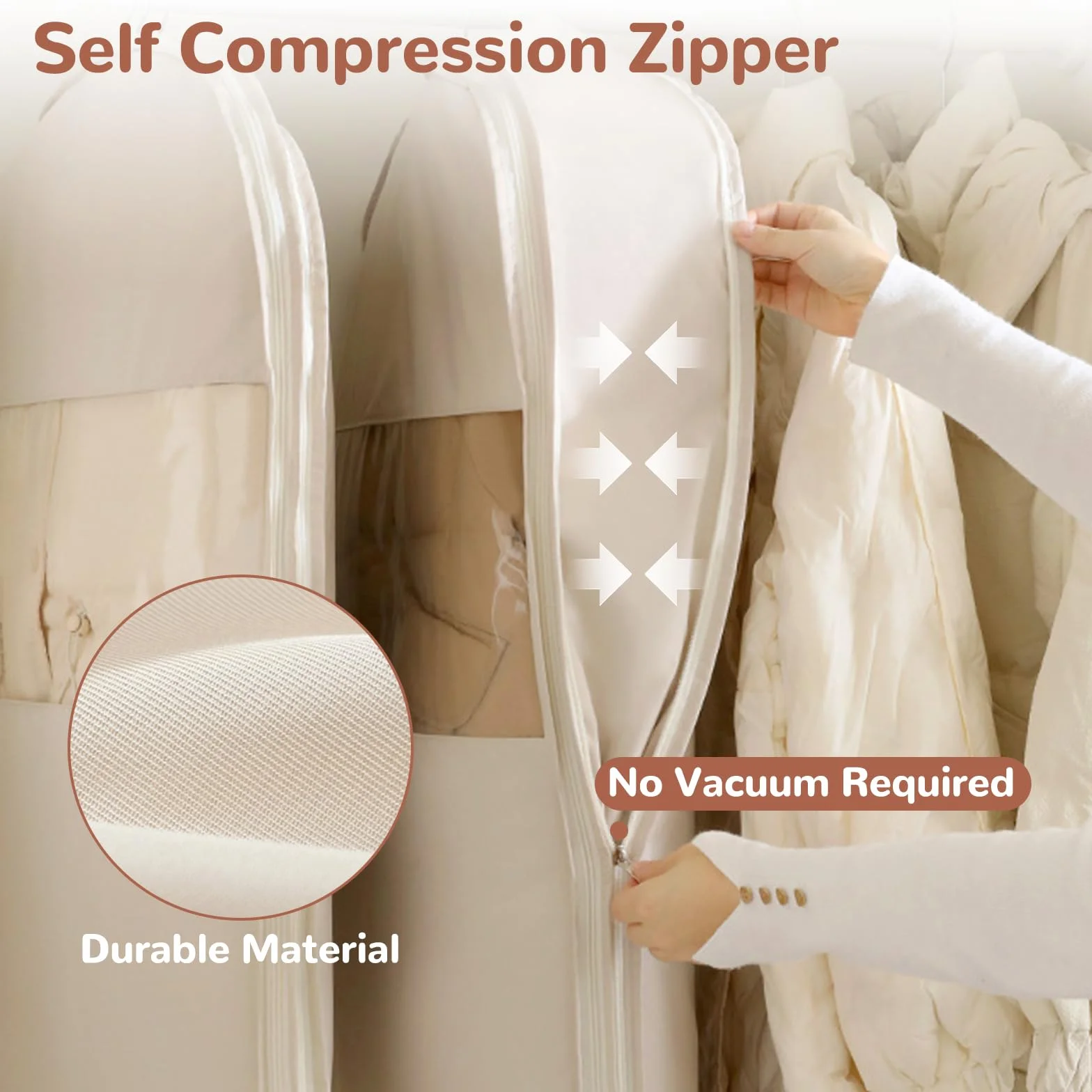 Custodia Porta Abiti da Appendere con Cerniera a Compressione, Copriabiti Salvaspazio per Cappotti, Traspirante Borsa Portaabito, Copertura Vestiti Copri Abiti per Giacca, 1Pc (Beige)
