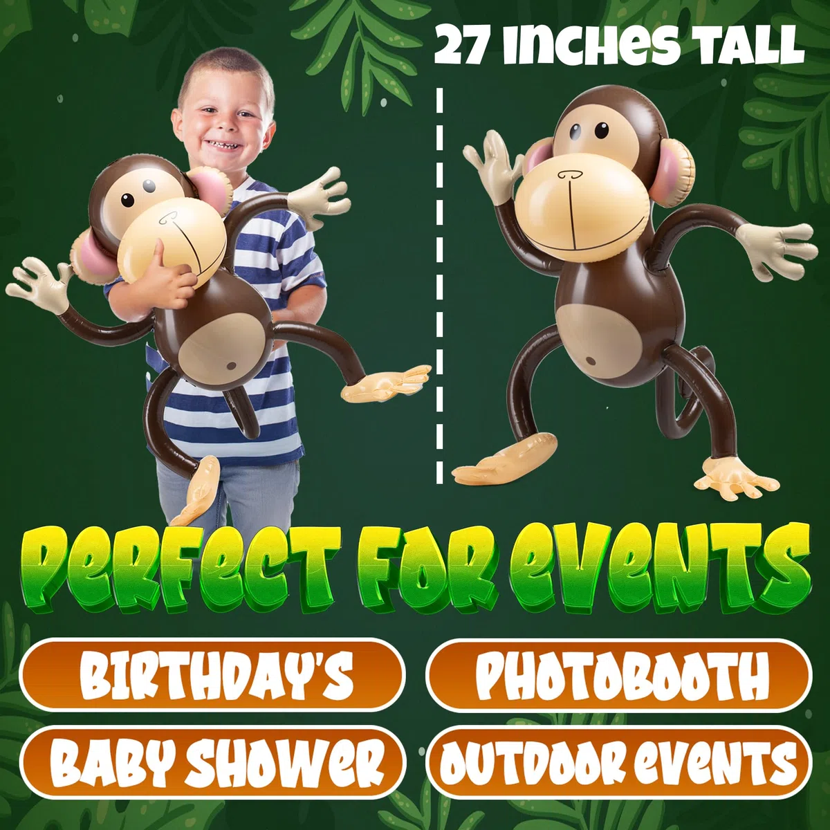 Grande scimmia gonfiabile (confezione da 3) Scimmie da 68,5 cm per baby shower, safari, compleanni a tema giungla, bomboniere e decorazioni gonfiabili a forma di animali per bambini e neonati