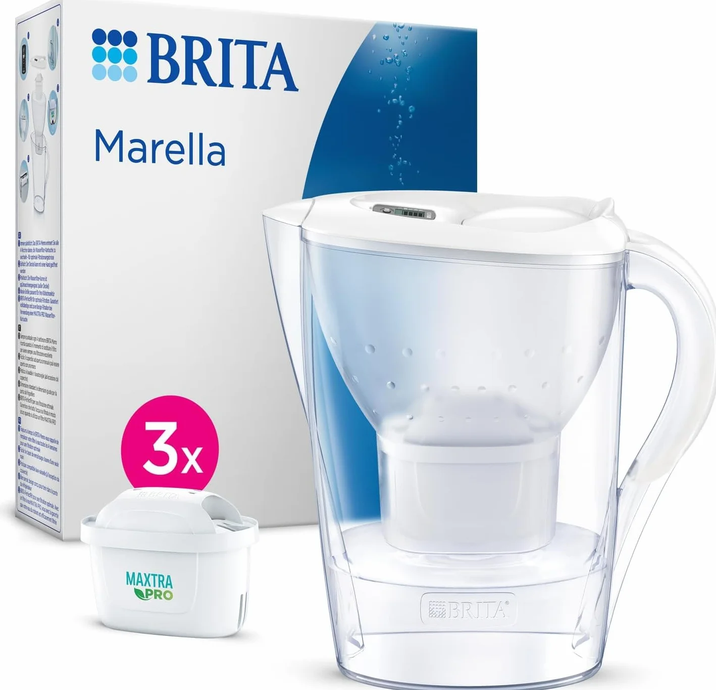 BRITA Caraffa filtrante Marella bianca (2.4L) incl. 3 x filtri MAXTRA PRO All-in-1 che riduce cloro, calcare e PFAS - Adatta al frigo, Memo digitale e riempimento comodo - in confezione sostenibile
