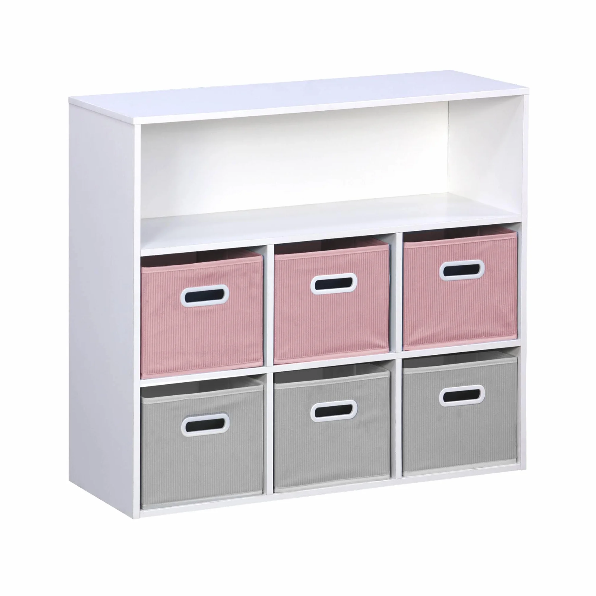Libreria per bambini con 6 cestini in velluto, Camille, Rosa, 129.5x76.2x70 cm