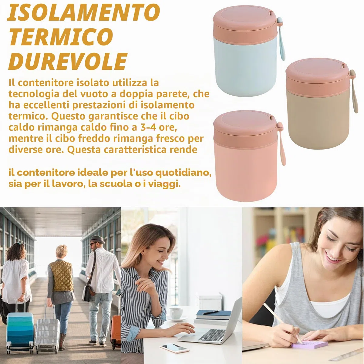 Contenitore termico in acciaio inox per cibi: 3 ciotole termiche, contenitore termico sottovuoto isolato, contenitore termico Essen to go (blu, rosa + bianco) (blu, rosa, verde, 430 ml)