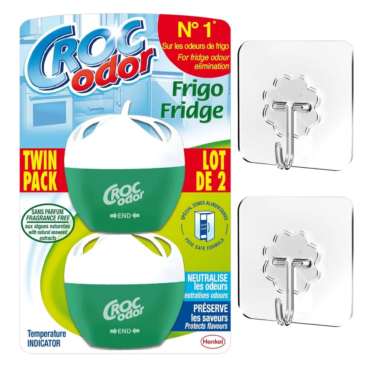 Croc'Odor, deodorante per frigorifero, confezione da 2 pezzi, con ganci adesivi trasparenti, senza profumo, formula per alimenti con indicatore di temperatura, 2 x 33 g, la confezione può vari