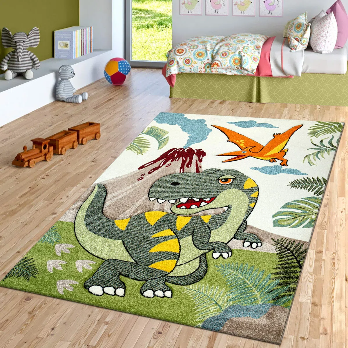 TT Home Tappeto per la camera dei bambini, verde, con dinosauri, giungla e vulcano a effetto 3D, a pelo corto, Dimensione:160x230 cm