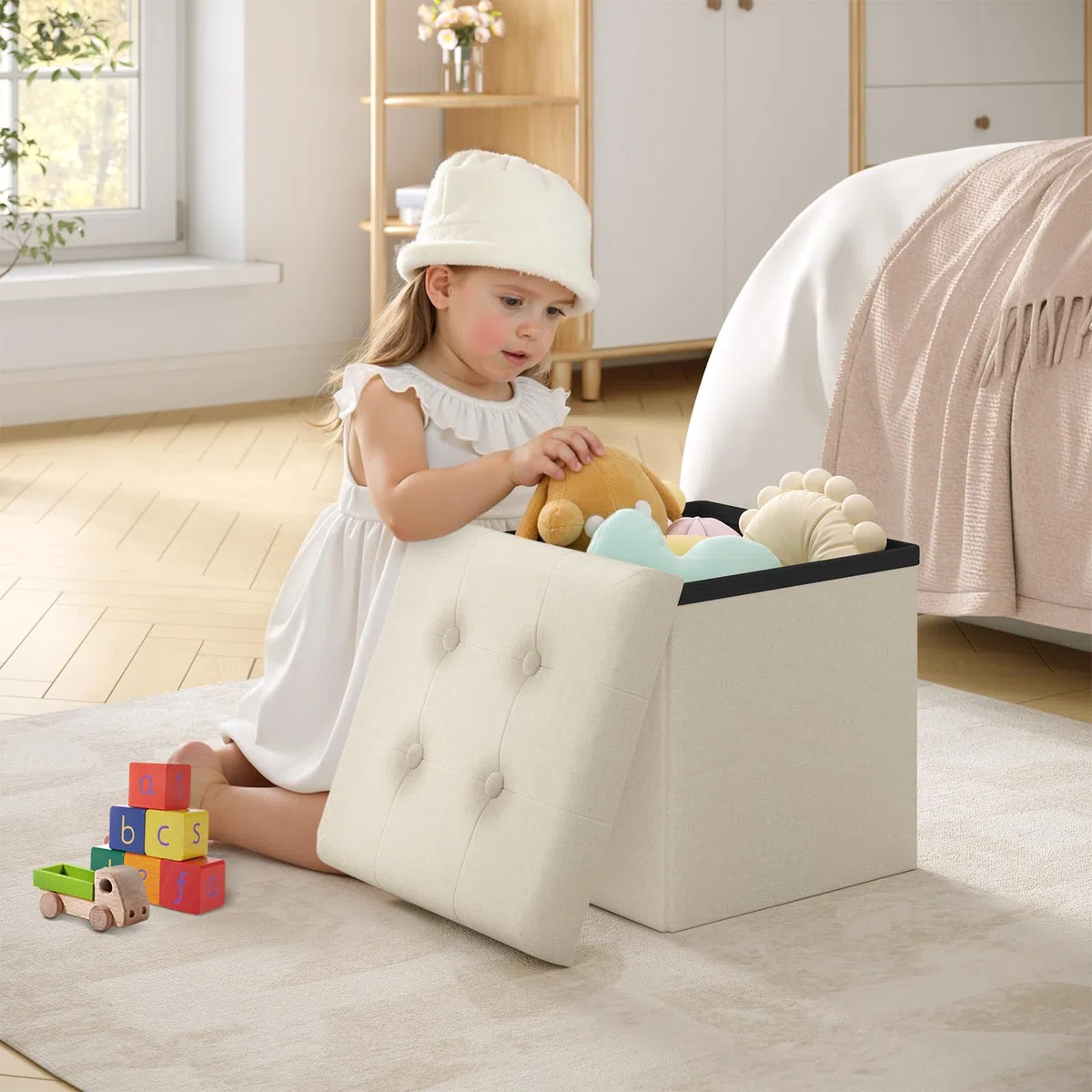 WOLTU Pouf con Contenitore, Puffo Pieghevole con Coperchio, Poggiapiedi Divano, Cubo Seduta con Ripiano, per Soggiorno o Camera da Letto, 30x30x30 cm, Crema