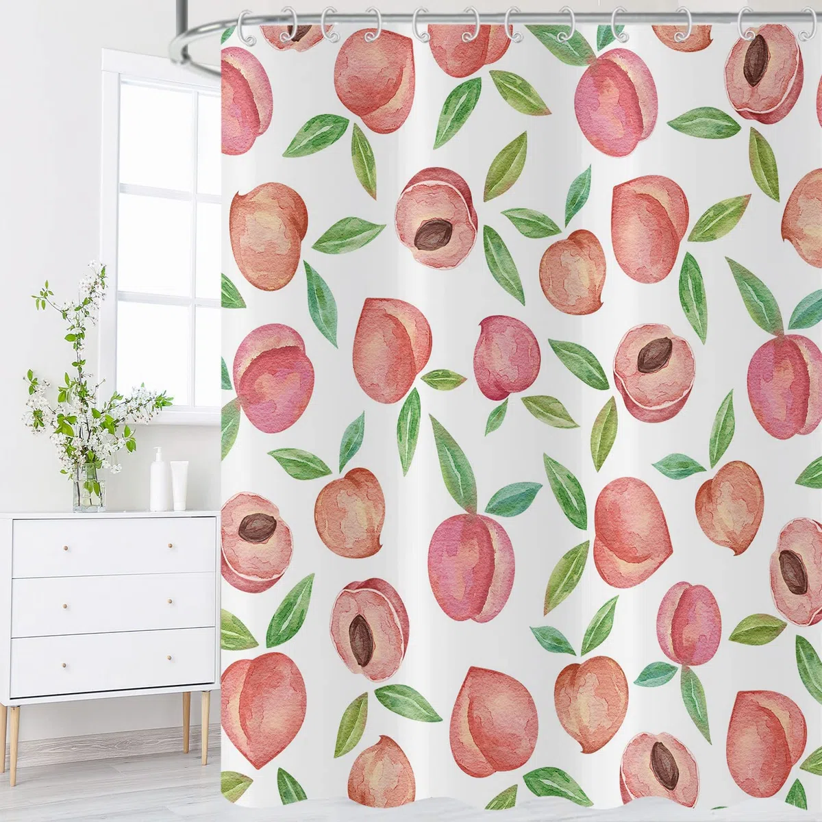 Tenda da doccia Rosa Pesca 180x200, Allover Frutti Verde Foglie Tende da doccia Acquerello Luminoso Colorato Estetica Tenda da bagno Impermeabile Poliestere Tessuto Lavabile Tenda da bagno