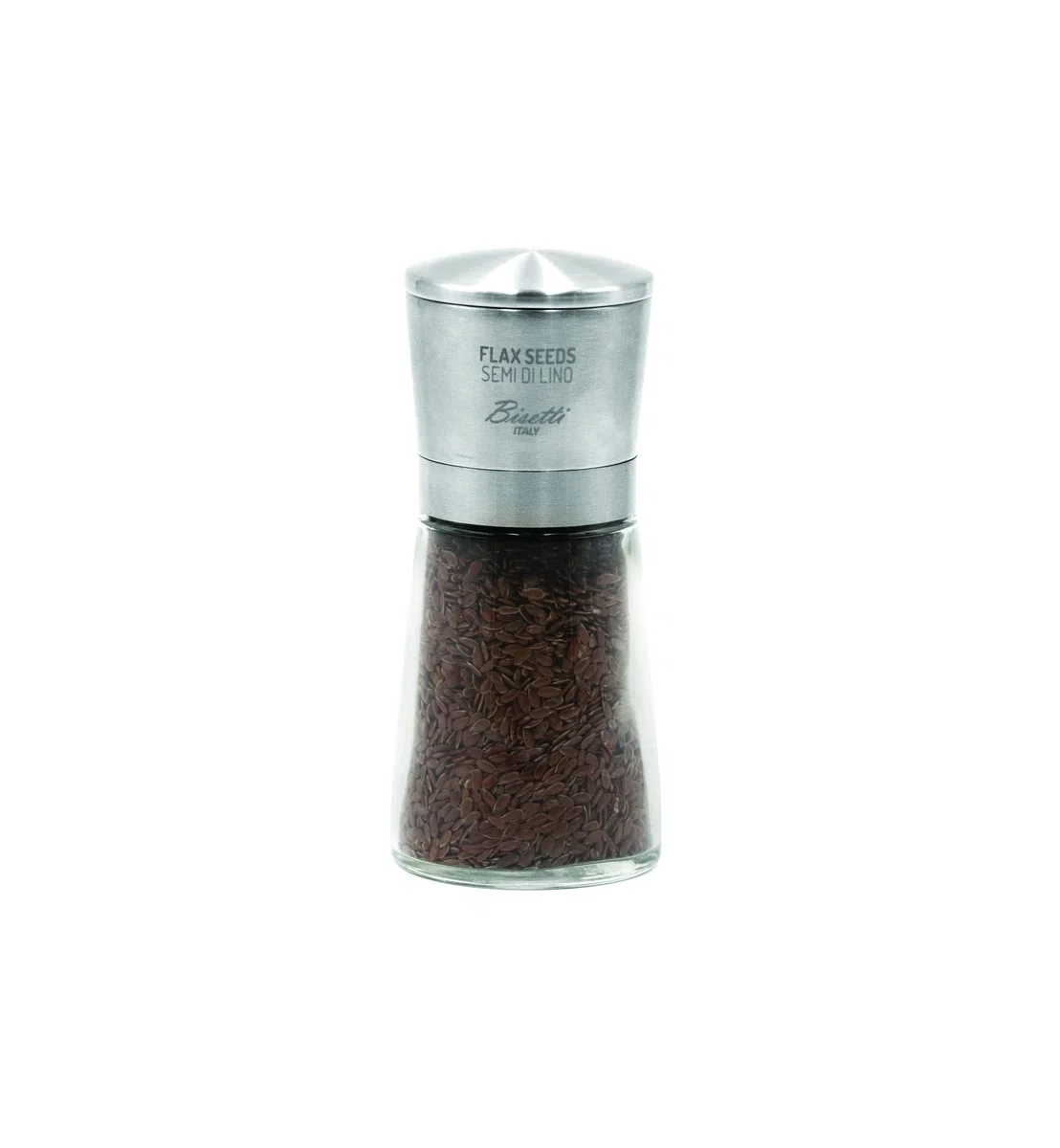 Bisetti Falx Seeds – Macinasemi Speciali con Tappo in Acciaio Inox, Made in Italy, Vetro e Metallo, Colore Argento/Trasparente, Altezza 14,5 cm