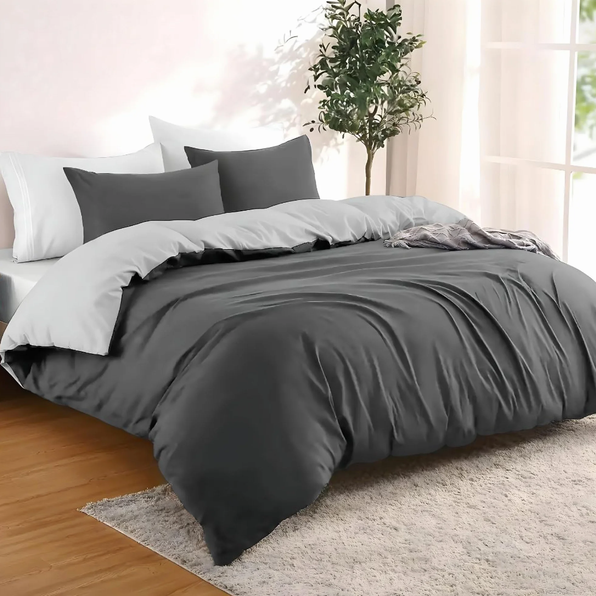 Dreamzie Copripiumino Matrimoniale 200x200 cm con 2 Federe 50x70 cm - Grigio Scuro/Grigio Chiaro Set Copripiumino Matrimoniale 200x200