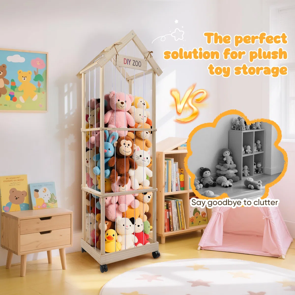 Contenitore per Animali di Peluche, 146x47x35CM con Ruote Girevoli Bloccabili a 360 Gradi per Cameretta dei Bambini, Soggiorno, Cameretta dei Bambini