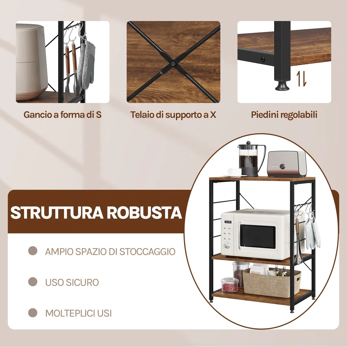 WOLTU Scaffale per Cucina Carrello per Microonde Forno a 3 Ripiani in Metallo e Legno Scaffalature Fioriera Multiuso, Effetto Legno Vintage