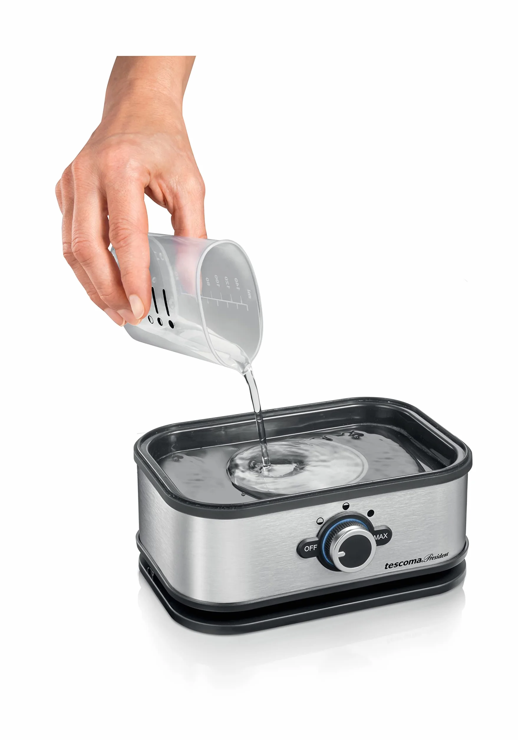 Tescoma 909100 Cuociuova elettrico per 6 uova, 3 programmi di cottura, acciaio inossidabile, linea President
