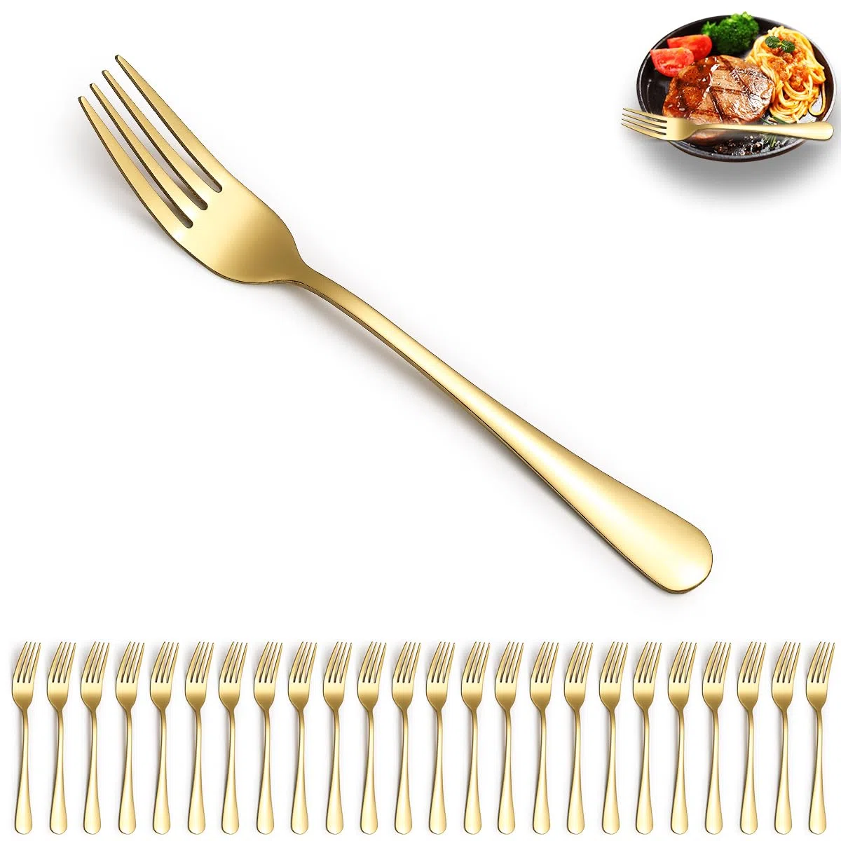 Forchette da tavola Gold 24 pezzi, forchette da tavolo in acciaio inossidabile con placcatura in oro in titanio per casa, ristorante, matrimoni, feste, eventi