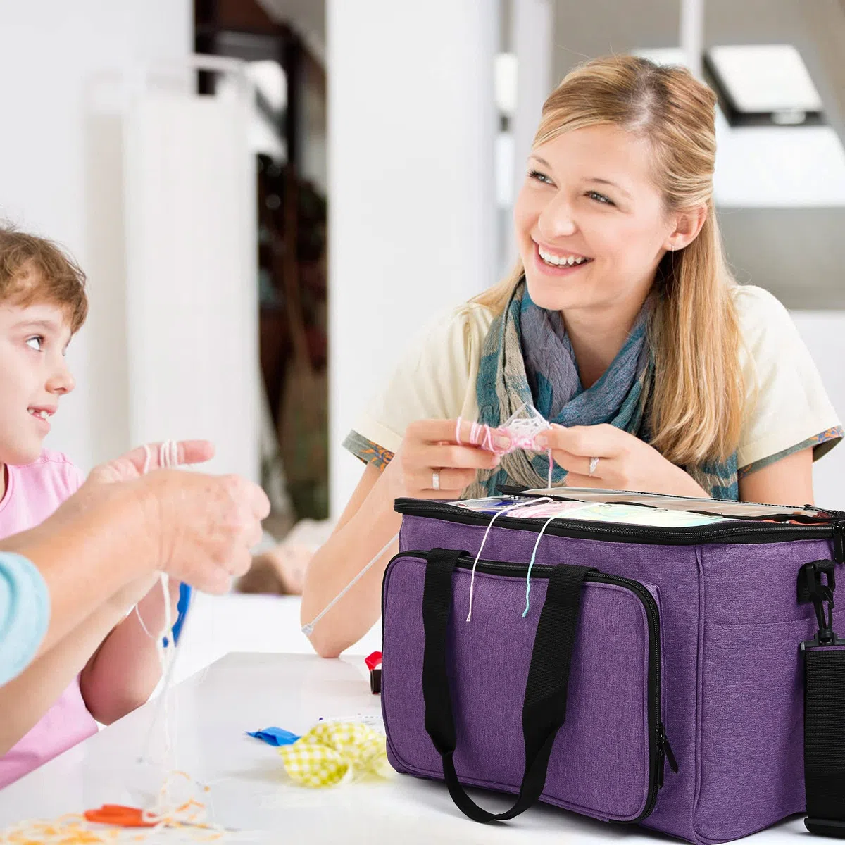 LEMESO Borsa a Maglia per Maglieria Lana Porta Lavoro Unicetto Custodia Filati Trasporto Conservazione Materiali per Cucito Inverno Sacco Organizer Tasche Scomparti Accessori Cuciture con Manico