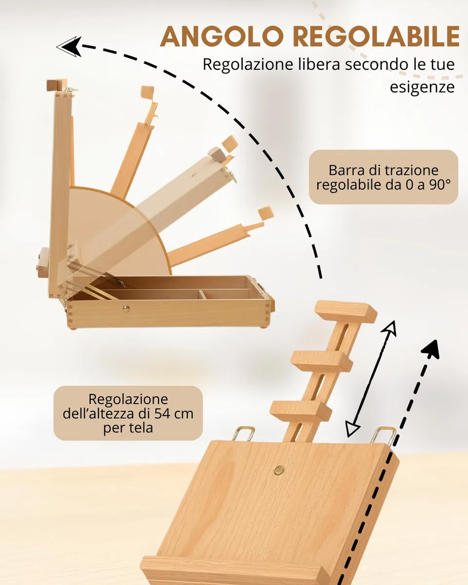 Cavalletto Pittura – Cavalletto da Tavolo in Legno di Faggio con Cassetto Portaoggetti – Altezza Regolabile per Tele Fino a 54cm – Valigetta Portatile per Bambini, Principianti e Artisti