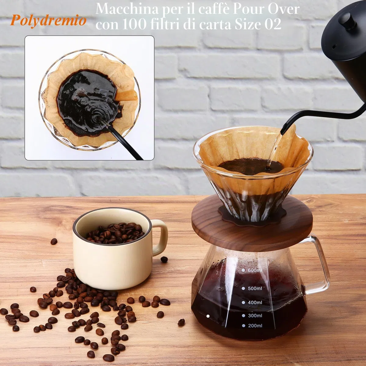 Caffettiera Pour Over, caraffa in vetro borosilicato da 600 ml, con 100 filtri di carta misura 02, manico in noce e coperchio in vetro, 600 ml, trasparente