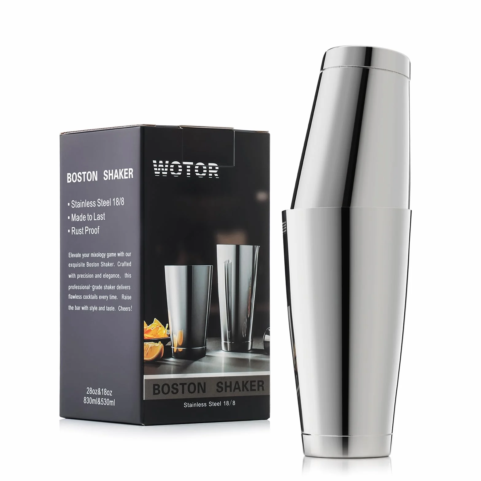 WOTOR Set Boston Cocktail Shaker, 530ml e 830ml Shaker in acciaio inox con peso, barattoli in metallo Martini Shaker Drink Mixer per bartending, strumenti da bar professionali per bartender