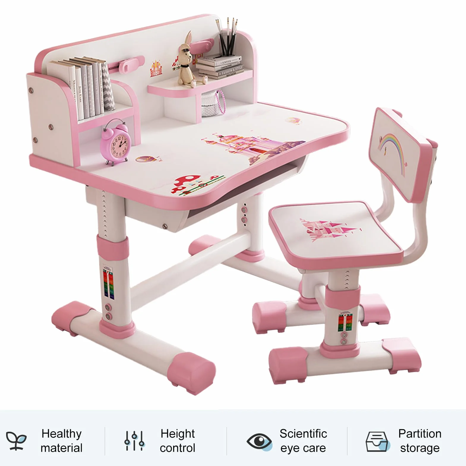 Set di sedie da scrivania per bambini, altezza regolabile, tavolo da studio per bambini, scrivania allargata con scomparto portaoggetti per casa e scuola (bianco e rosa)