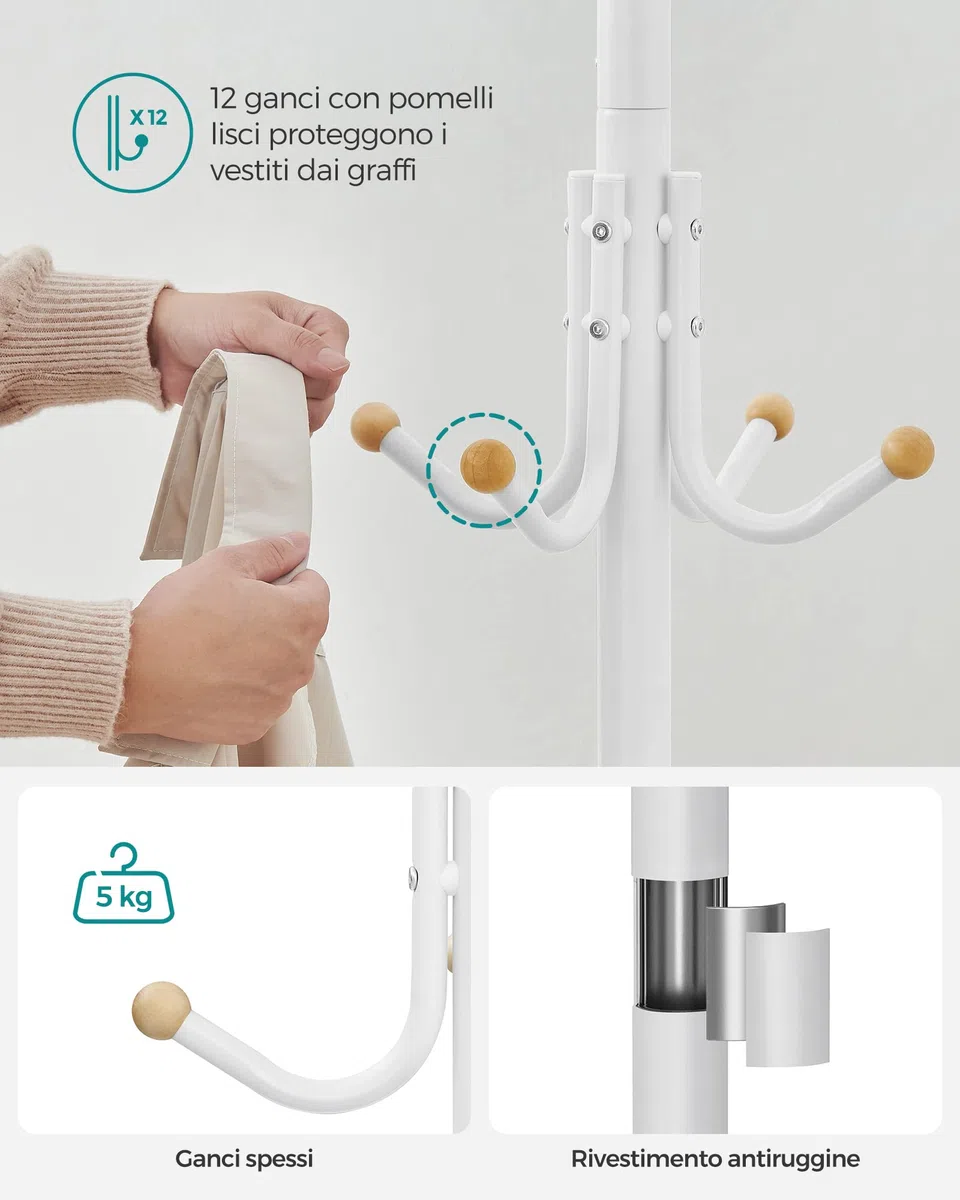 SONGMICS Appendiabiti da Terra, Attaccapanni in Metallo con 12 Ganci, 4 Gambe, Appendi Abiti Cappotti Cappelli Borse, per Ingresso Camera da Letto Ufficio, Bianco RCR031W01