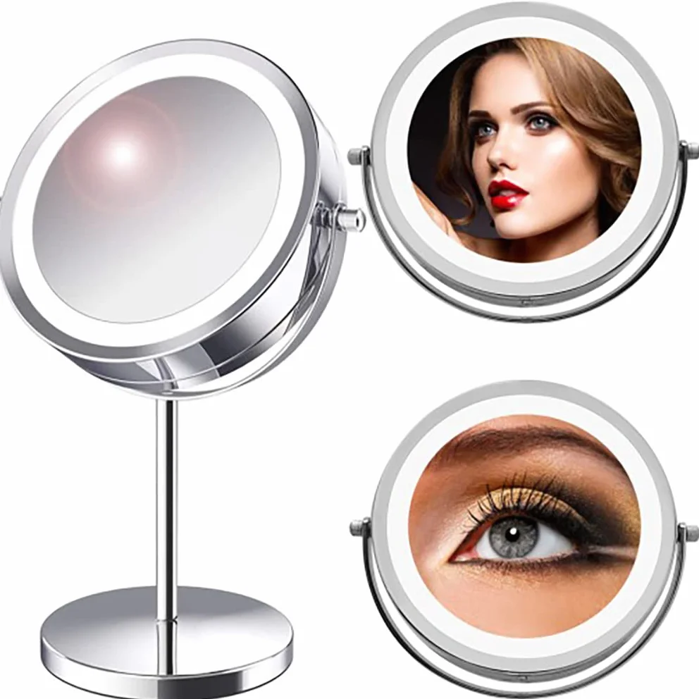 Retoo Specchio cosmetico con illuminazione a LED, altezza 30 cm, specchio da trucco, trucco double face, pratico ingrandimento, specchio girevole per il trucco, specchio da tavolo per la casa
