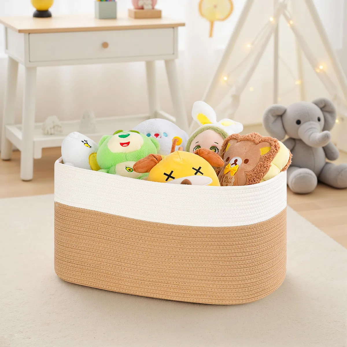Cesta Portabiancheria, 65L Cesto Portaoggetti con Manici, Secchi per La Biancheria Cesta Giochi Bambini Grande per Cuscini per Giocattoli, Soggiorno, Camera da Letto (55 X 38cm,Juta e bianco)