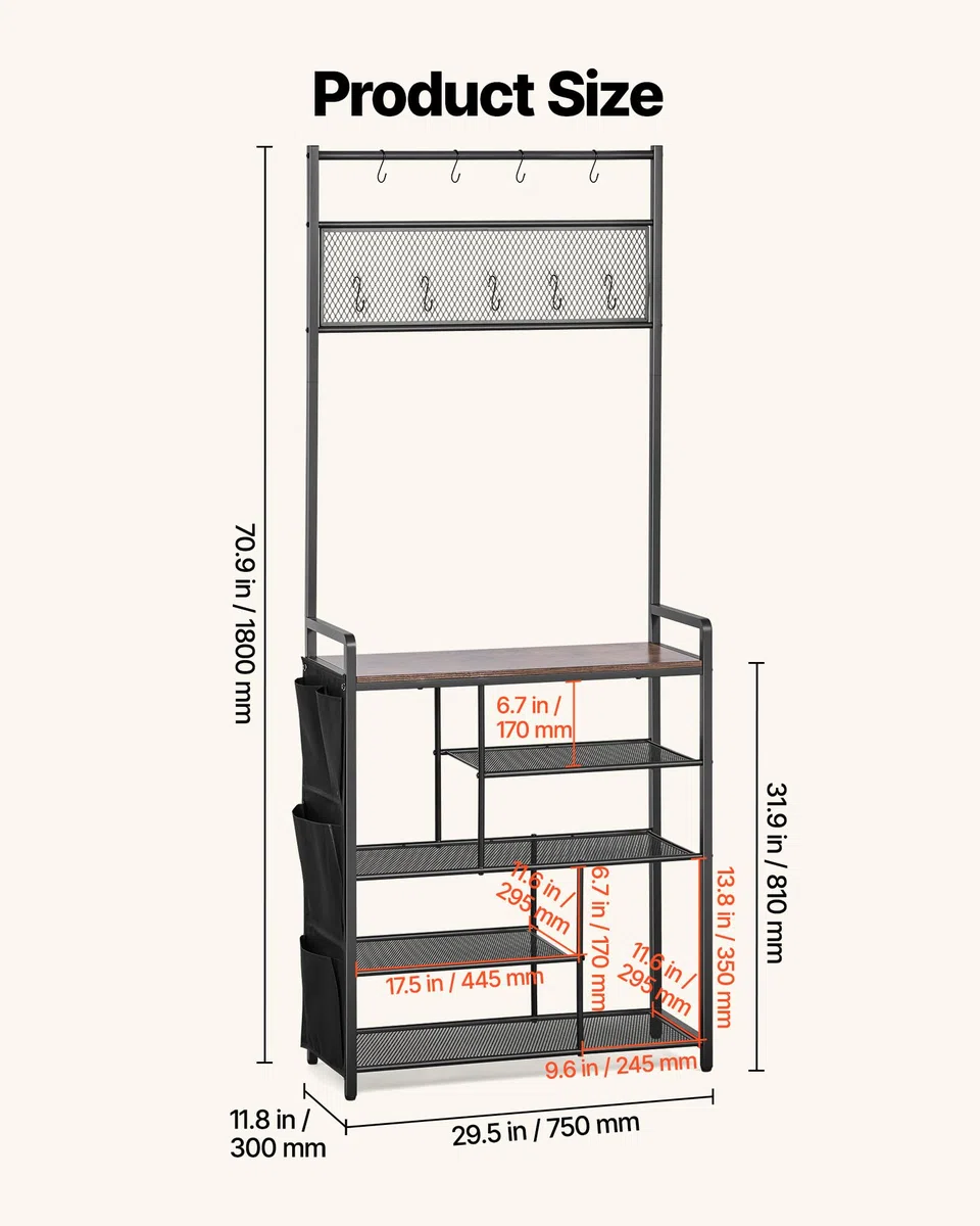VEVOR Mobiletto Appendiabiti da Ingresso Appendiabiti con Scarpiera Ripiani Portaoggetti per Soggiorno Camera da Letto, Mobiletto Attaccapanni 750 x 300 x 1800 mm con Ganci Porta Sciarpa Scarpe