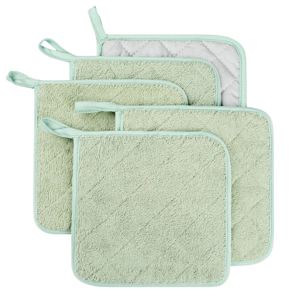 Set di 5 presine da cucina completamente in cotone e in tessuto di spugna termoresistente, ideali per uso quotidiano in cucina e con fornelli e forno Menta Verde
