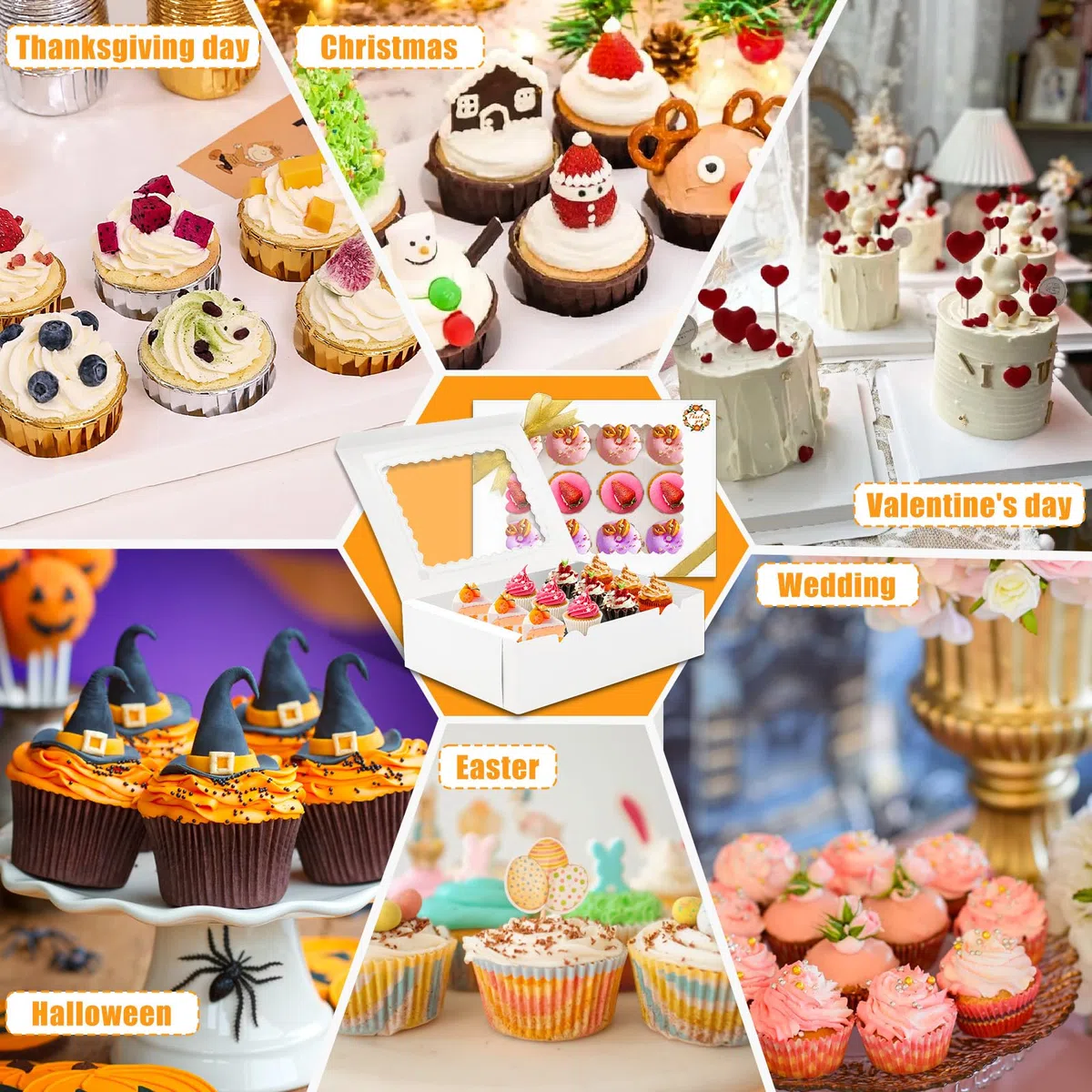 UCAMP 16 Pezzi Scatole per Cupcakei,Scatola per Muffin con Finestra,Scatole per Dolci con Spago,Adesivi e biglietti d'auguri,per Alimentiper Pasticcini,adatta per Natale,Compleanni,Matrimoni