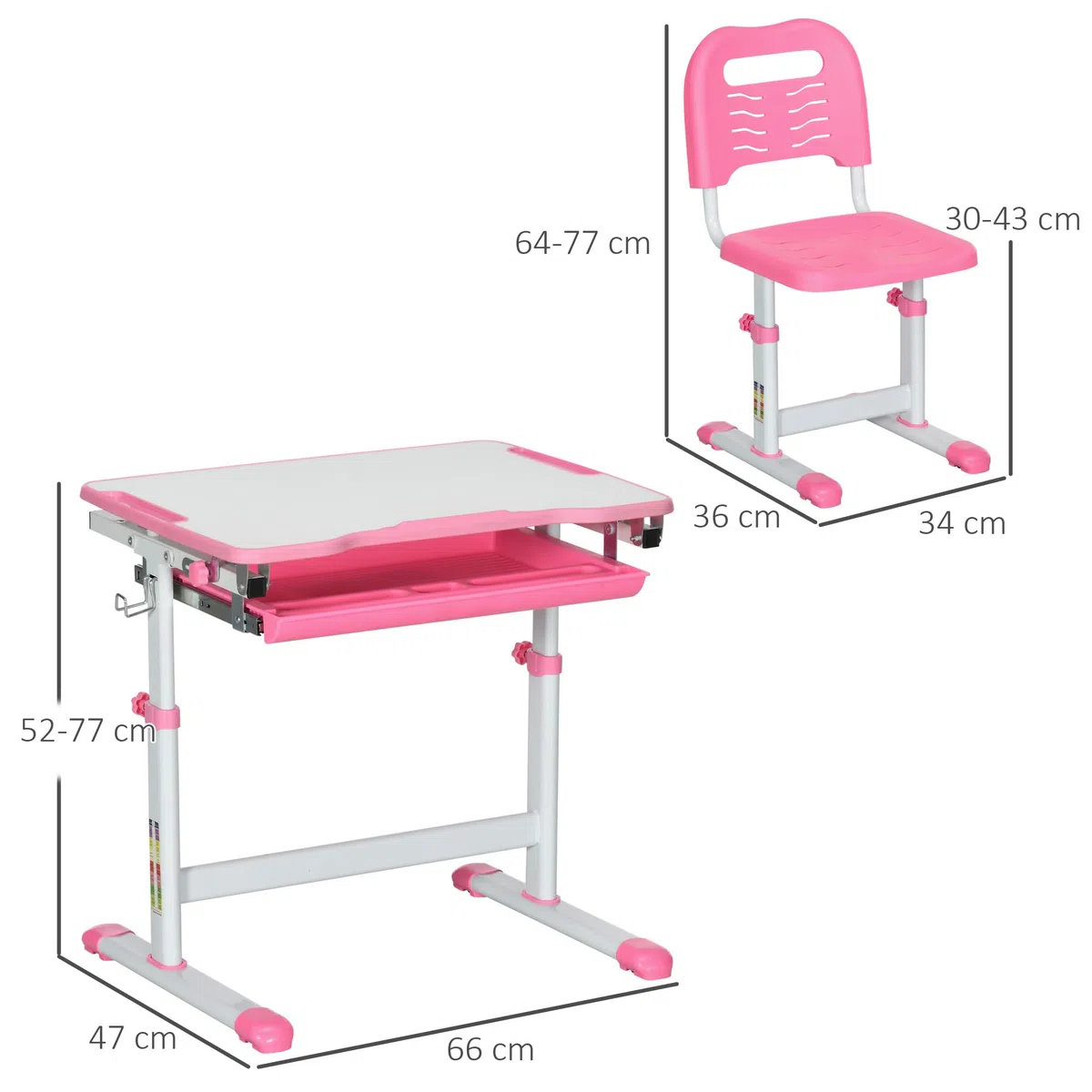 HOMCOM Banco Scuola per Bambini 6-12 Anni Regolabili in Altezza, Set Scrivania e Sedia per Bambini con Piano Inclinabile 45°, Cassetto, 2 Portapenne e Gancio, Rosa