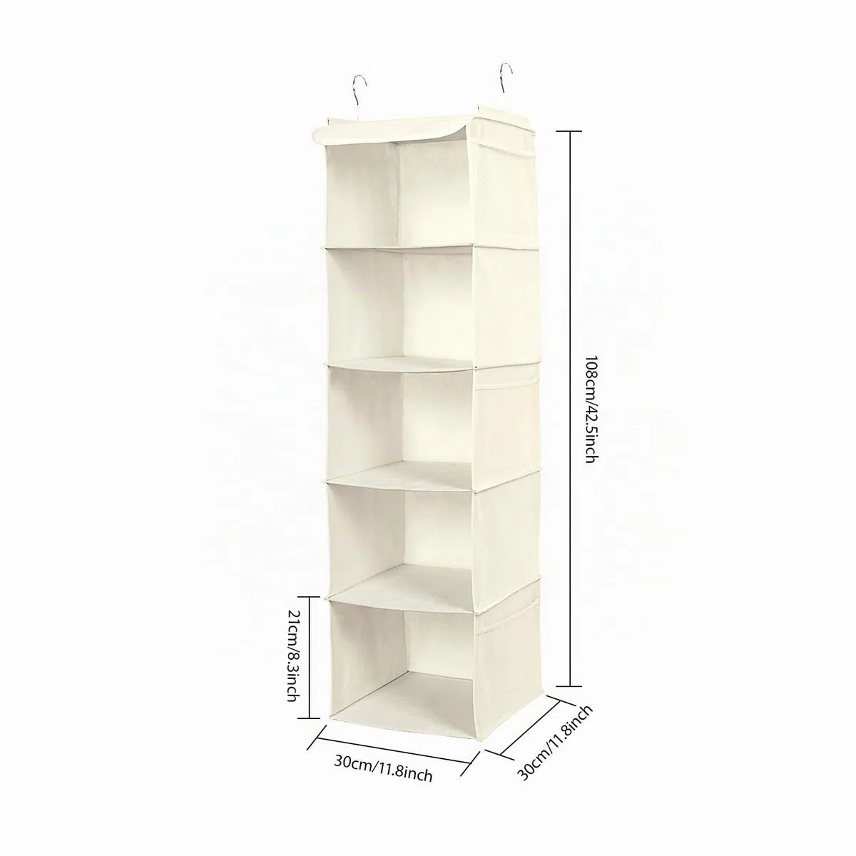 BrilliantJo Set di 2 Organizer Armadio, Portattuto da Appendere con 5 Scomparti con 6 Tasche Laterali a Rete per Vestiti, con 2 Ganci Organizzatore Armadio da 30 x 30 x 108 cm, Beige